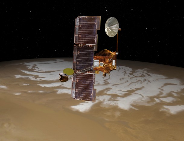 NASA's Mars Odyssey spacecraft passes above Mars' south pole in this artist's concept. The spacecraft has been orbiting Mars since October 24, 2001. Image credit: NASA/JPL NASA's Mars Odyssey spacecraft passes above Mars' south pole in this artist's concept. The spacecraft has been orbiting Mars since October 24, 2001. Image credit: NASA/JPL