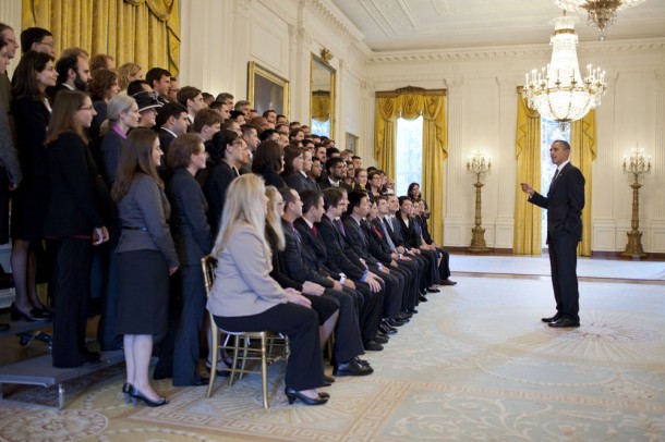 In this image from last year's award ceremony, President Barack Obama greets the 2010 PECASE recipients in the East Room of the White House, Oct. 14, 2011. Image credit: Official White House Photo by Pete Souza In this image from last year's award ceremony, President Barack Obama greets the 2010 PECASE recipients in the East Room of the White House, Oct. 14, 2011. Image credit: Official White House Photo by Pete Souza