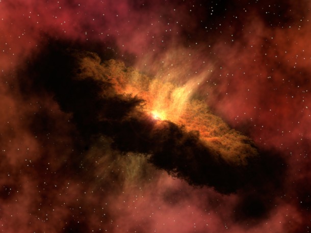 This artist's concept illustrates a dusty planet-forming disk, similar to the one that vanished around the star called TYC 8241 2652. Image credit: NASA/JPL-Caltech This artist's concept illustrates a dusty planet-forming disk, similar to the one that vanished around the star called TYC 8241 2652. Image credit: NASA/JPL-Caltech