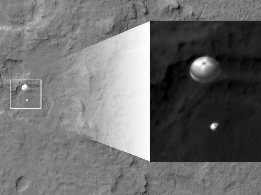 NASA's Curiosity rover and its parachute were spotted by NASA's Mars Reconnaissance Orbiter as Curiosity descended to the surface on Aug. 5 PDT (Aug. 6 EDT). Image Credit: NASA/JPL-Caltech/Univ. of Arizona NASA's Curiosity rover and its parachute were spotted by NASA's Mars Reconnaissance Orbiter as Curiosity descended to the surface on Aug. 5 PDT (Aug. 6 EDT). Image Credit: NASA/JPL-Caltech/Univ. of Arizona
