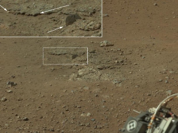 This color image from NASA's Curiosity rover shows an area excavated by the blast of the Mars Science Laboratory's descent stage rocket engines. This color image from NASA's Curiosity rover shows an area excavated by the blast of the Mars Science Laboratory's descent stage rocket engines.