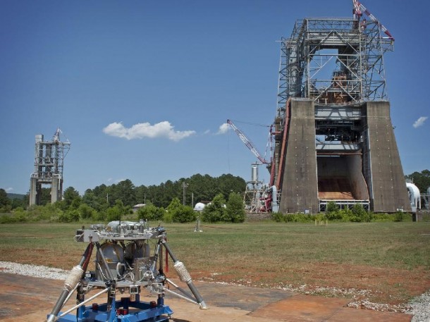 The "Mighty Eagle" robotic prototype lander is now being tested near Marshall's historic Saturn-IC Static and F-1 test stands. (NASA/MSFC/Fred Deaton)