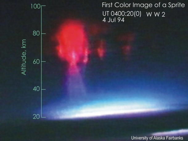 This is the first color image of a sprite ever captured. It was taken in 1994 by a NASA-sponsored project through the University of Alaska Fairbanks (UAF) that flew special cameras on two aircraft flown out of Oklahoma City. Credit: NASA/UAF This is the first color image of a sprite ever captured. It was taken in 1994 by a NASA-sponsored project through the University of Alaska Fairbanks (UAF) that flew special cameras on two aircraft flown out of Oklahoma City. Credit: NASA/UAF