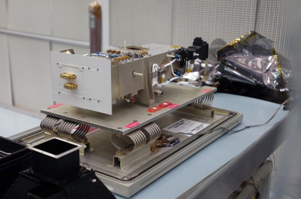 The Lyman Alpha Mapping Project (LAMP) aboard LRO (shown here in a pre-flight photo) uses a novel method to peer into the perpetual darkness of the moon's so-called permanently shadowed regions. LAMP "sees" the lunar surface using the ultraviolet light from nearby space and stars, which bathes all bodies in space in a soft glow of ultraviolet light. (Credit: NASA Goddard/Debbie McCallum) The Lyman Alpha Mapping Project (LAMP) aboard LRO (shown here in a pre-flight photo) uses a novel method to peer into the perpetual darkness of the moon's so-called permanently shadowed regions. LAMP "sees" the lunar surface using the ultraviolet light from nearby space and stars, which bathes all bodies in space in a soft glow of ultraviolet light. (Credit: NASA Goddard/Debbie McCallum)