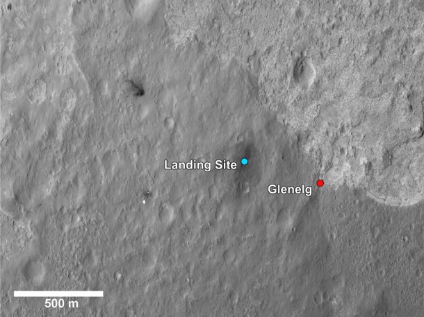 This image shows a closer view of the landing site of NASA's Curiosity rover and a destination nearby known as Glenelg. Image credit: NASA/JPL-Caltech/Univ. of Arizona This image shows a closer view of the landing site of NASA's Curiosity rover and a destination nearby known as Glenelg. Image credit: NASA/JPL-Caltech/Univ. of Arizona