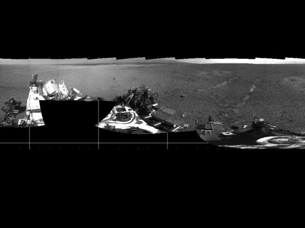 This 360-degree panorama shows evidence of a successful first test drive for NASA's Curiosity rover. On Aug. 22, 2012, the rover made its first move, going forward about 15 feet (4.5 meters), rotating 120 degrees and then reversing about 8 feet (2.5 meters). Curiosity is about 20 feet (6 meters) from its landing site, now named Bradbury Landing. Image credit: NASA/JPL-Caltech This 360-degree panorama shows evidence of a successful first test drive for NASA's Curiosity rover. On Aug. 22, 2012, the rover made its first move, going forward about 15 feet (4.5 meters), rotating 120 degrees and then reversing about 8 feet (2.5 meters). Curiosity is about 20 feet (6 meters) from its landing site, now named Bradbury Landing. Image credit: NASA/JPL-Caltech