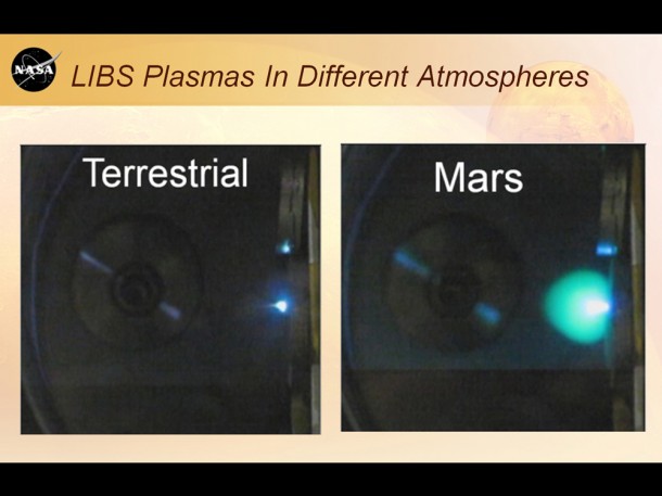 This image shows laser plasmas in a test lab at Los Alamos National Laboratory, N.M., under typical atmospheric pressures on Earth and Mars. A plasma is an ionized, glowing gas. The pressure on the Red Planet is only about one percent of that at sea level on Earth, allowing the plasma to expand more and become brighter. The laser beam, which is invisible, crosses the image from the left and strikes a metal target, creating the plasmas. Each image covers about 3 by 3 inches (75 by 75 millimeters). Image credit: LANL This image shows laser plasmas in a test lab at Los Alamos National Laboratory, N.M., under typical atmospheric pressures on Earth and Mars. A plasma is an ionized, glowing gas. The pressure on the Red Planet is only about one percent of that at sea level on Earth, allowing the plasma to expand more and become brighter. The laser beam, which is invisible, crosses the image from the left and strikes a metal target, creating the plasmas. Each image covers about 3 by 3 inches (75 by 75 millimeters). Image credit: LANL