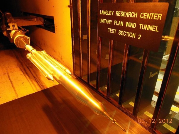 Wind tunnel testing on the 70-metric-ton configuration of SLS was also carried out at the Langley Research Center. (NASA/LaRC) Wind tunnel testing on the 70-metric-ton configuration of SLS was also carried out at the Langley Research Center. (NASA/LaRC)