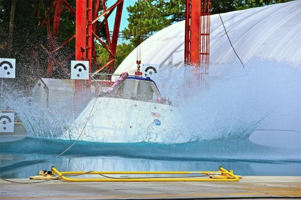Dropped from only 2.25-feet, the 18,000 pound Orion Multi-Purpose Crew Vehicle (MPCV) test article still makes a sizable splash in this vertical drop test at NASA Langley's Hydro Impact Basin. Credit: NASA/Michael Finneran Dropped from only 2.25-feet, the 18,000 pound Orion Multi-Purpose Crew Vehicle (MPCV) test article still makes a sizable splash in this vertical drop test at NASA Langley's Hydro Impact Basin. Credit: NASA/Michael Finneran