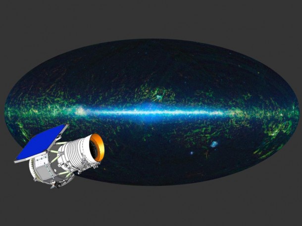 The entire sky as mapped by WISE at infrared wavelengths is shown here, with an artist's concept of the WISE satellite superimposed. Image credit: NASA/JPL-Caltech/UCLA The entire sky as mapped by WISE at infrared wavelengths is shown here, with an artist's concept of the WISE satellite superimposed. Image credit: NASA/JPL-Caltech/UCLA