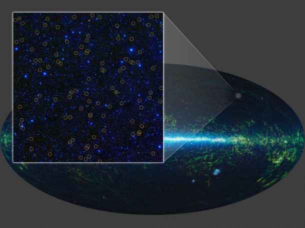 With its all-sky infrared survey, NASA's Wide-field Infrared Survey Explorer, or WISE, has identified millions of quasar candidates. Image credit: NASA/JPL-Caltech/UCLA With its all-sky infrared survey, NASA's Wide-field Infrared Survey Explorer, or WISE, has identified millions of quasar candidates. Image credit: NASA/JPL-Caltech/UCLA