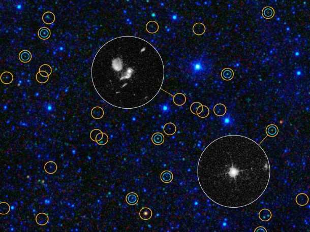 This zoomed-in view of a portion of the all-sky survey from NASA's Wide-field Infrared Survey Explorer shows a collection of quasar candidates. Image credit: NASA/JPL-Caltech/UCLA/STScI This zoomed-in view of a portion of the all-sky survey from NASA's Wide-field Infrared Survey Explorer shows a collection of quasar candidates. Image credit: NASA/JPL-Caltech/UCLA/STScI