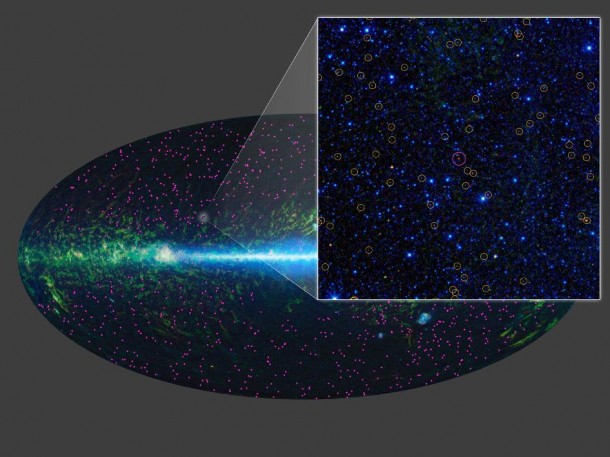 This image zooms in on the region around the first "hot DOG" (red object in magenta circle), discovered by NASA's Wide-field Infrared Survey Explorer, or WISE. Image credit: NASA/JPL-Caltech/UCLA This image zooms in on the region around the first "hot DOG" (red object in magenta circle), discovered by NASA's Wide-field Infrared Survey Explorer, or WISE. Image credit: NASA/JPL-Caltech/UCLA