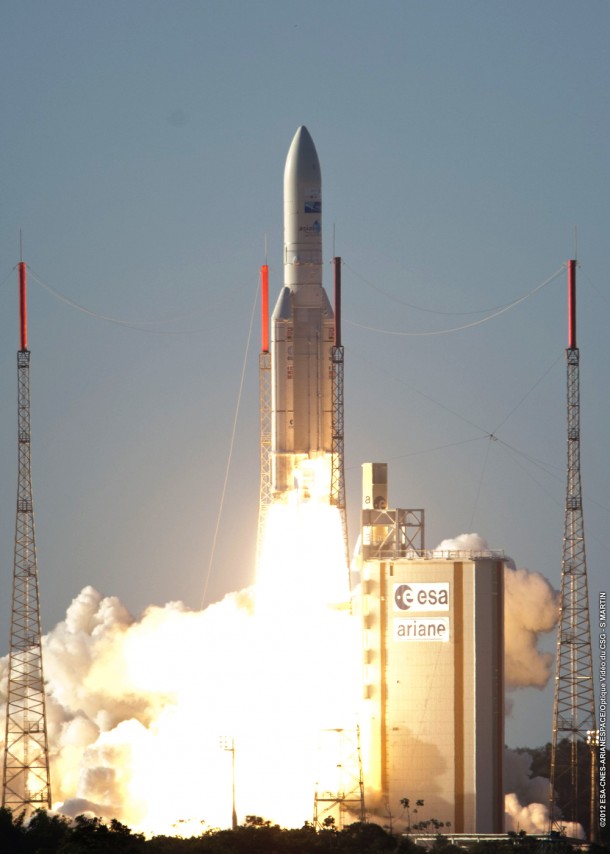 Lifting off from the Spaceport, Arianespace's heavy-lift Ariane 5 begins its 50th consecutive successful mission to deploy the Intelsat 20 and HYLAS 2 satellites. Lifting off from the Spaceport, Arianespace's heavy-lift Ariane 5 begins its 50th consecutive successful mission to deploy the Intelsat 20 and HYLAS 2 satellites.