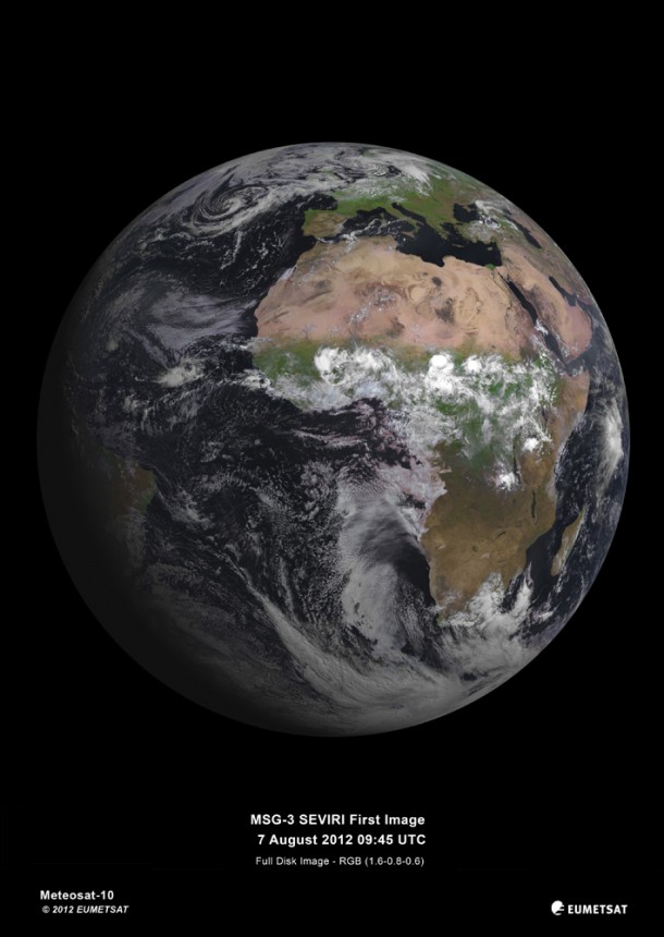 MSG-3 first image of Earth, acquired on 7 August 2012 by its Spinning Enhanced Visible and Infrared Imager (SEVIRI). Credits: Eumetsat MSG-3 first image of Earth, acquired on 7 August 2012 by its Spinning Enhanced Visible and Infrared Imager (SEVIRI). Credits: Eumetsat