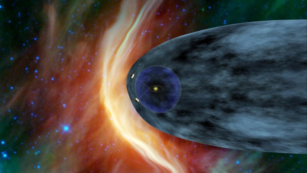 This artist's concept shows NASA's two Voyager spacecraft exploring a turbulent region of space known as the heliosheath, the outer shell of the bubble of charged particles around our sun. Image credit: NASA/JPL-Caltech This artist's concept shows NASA's two Voyager spacecraft exploring a turbulent region of space known as the heliosheath, the outer shell of the bubble of charged particles around our sun. Image credit: NASA/JPL-Caltech