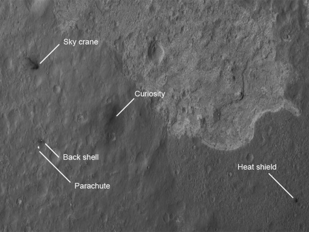 The Curiosity rover is approximately 4,900 feet (1,500 meters) away from the heat shield; about 2,020 feet (615 meters)away from the parachute and back shell; and approximately 2,100 feet (650 meters) away from the discoloration consistent with the impact of the sky crane. The image scale is 39 centimeters (15.3 inches) per pixel. Image credit: NASA/JPL-Caltech The Curiosity rover is approximately 4,900 feet (1,500 meters) away from the heat shield; about 2,020 feet (615 meters)away from the parachute and back shell; and approximately 2,100 feet (650 meters) away from the discoloration consistent with the impact of the sky crane. The image scale is 39 centimeters (15.3 inches) per pixel. Image credit: NASA/JPL-Caltech
