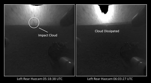 The distant blob seen in the view on left, taken by a Hazard-Avoidance camera on NASA's Curiosity rover, may be a cloud created during the crash of the rover's descent stage. Image credit: NASA/JPL-Caltech The distant blob seen in the view on left, taken by a Hazard-Avoidance camera on NASA's Curiosity rover, may be a cloud created during the crash of the rover's descent stage. Image credit: NASA/JPL-Caltech