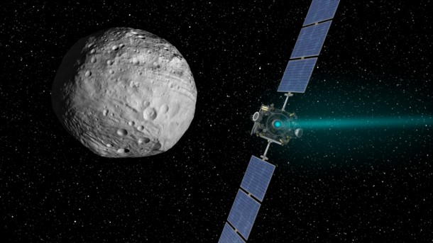 NASA's Dawn spacecraft arrived at the giant asteroid Vesta on July 15, 2011 PDT (July 16, 2011 EDT) and is set to depart on Sept. 4, 2012 PDT (Sept. 5 EDT). Image credit: NASA/JPL-Caltech NASA's Dawn spacecraft arrived at the giant asteroid Vesta on July 15, 2011 PDT (July 16, 2011 EDT) and is set to depart on Sept. 4, 2012 PDT (Sept. 5 EDT). Image credit: NASA/JPL-Caltech