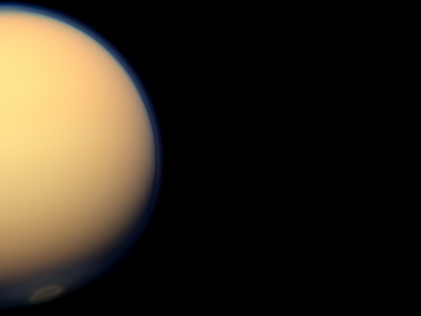 The recently formed south polar vortex stands out in the color-swaddled atmosphere of Saturn's largest moon, Titan, in this natural color view from NASA's Cassini spacecraft. Image Credit: NASA/JPL-Caltech/SSI The recently formed south polar vortex stands out in the color-swaddled atmosphere of Saturn's largest moon, Titan, in this natural color view from NASA's Cassini spacecraft. Image Credit: NASA/JPL-Caltech/SSI