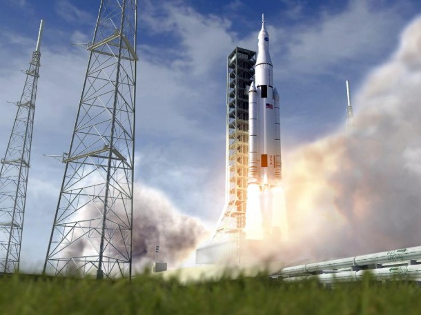 Artist concept of the NASA Space Launch System initial crew vehicle launching from the Kennedy Space Center. (NASA) Artist concept of the NASA Space Launch System initial crew vehicle launching from the Kennedy Space Center. (NASA)