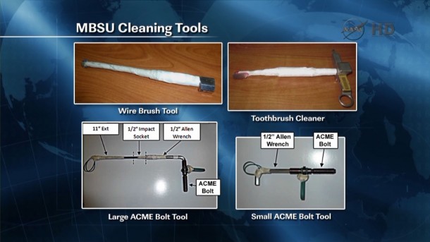 MBSU cleaning tools to be used for installation work during the spacewalk. Credit: NASA TV MBSU cleaning tools to be used for installation work during the spacewalk. Credit: NASA TV