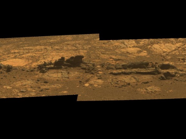 Rock fins up to about 1 foot (30 centimeters) tall dominate this scene from the panoramic camera (Pancam) on NASA's Mars Exploration Rover Opportunity. Image credit: NASA/JPL-Caltech/Cornell Univ./Arizona State Univ. Rock fins up to about 1 foot (30 centimeters) tall dominate this scene from the panoramic camera (Pancam) on NASA's Mars Exploration Rover Opportunity. Image credit: NASA/JPL-Caltech/Cornell Univ./Arizona State Univ.