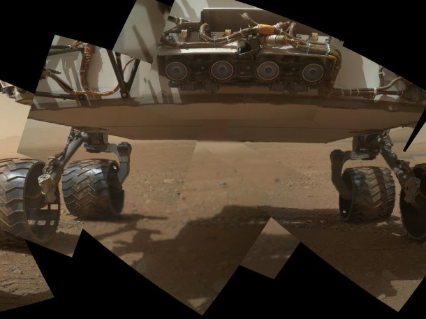 This view of the lower front and underbelly areas of NASA's Mars rover Curiosity combines nine images taken by the rover's Mars Hand Lens Imager (MAHLI) during the 34th Martian day, or sol, of Curiosity's work on Mars (Sept. 9, 2012). Image credit: NASA/JPL-Caltech/Malin Space Science Systems This view of the lower front and underbelly areas of NASA's Mars rover Curiosity combines nine images taken by the rover's Mars Hand Lens Imager (MAHLI) during the 34th Martian day, or sol, of Curiosity's work on Mars (Sept. 9, 2012). Image credit: NASA/JPL-Caltech/Malin Space Science Systems