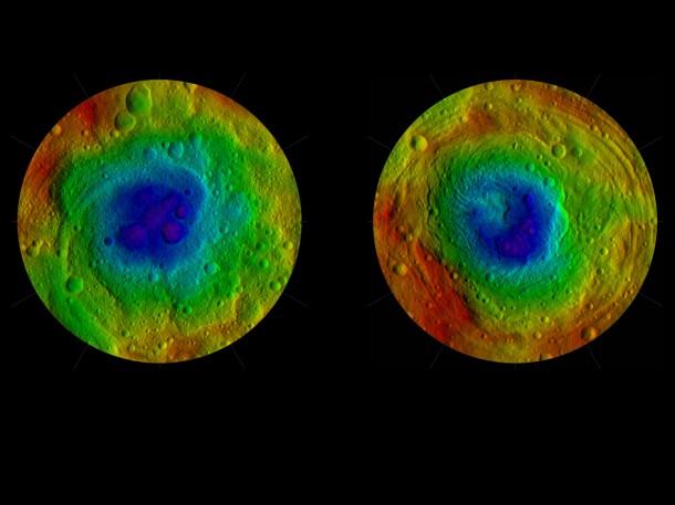 This image from NASA's Dawn mission shows the topography of the northern and southern hemispheres of the giant asteroid Vesta, updated with pictures obtained during Dawn's last look back. Image credit: NASA/JPL-Caltech/UCAL/MPS/DLR/IDA/PSI This image from NASA's Dawn mission shows the topography of the northern and southern hemispheres of the giant asteroid Vesta, updated with pictures obtained during Dawn's last look back. Image credit: NASA/JPL-Caltech/UCAL/MPS/DLR/IDA/PSI