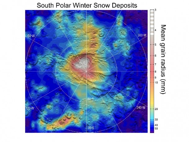 Observations by NASA's Mars Reconnaissance Orbiter have detected carbon-dioxide snow clouds on Mars and evidence of carbon-dioxide snow falling to the surface. Image credit: NASA/JPL-Caltech Observations by NASA's Mars Reconnaissance Orbiter have detected carbon-dioxide snow clouds on Mars and evidence of carbon-dioxide snow falling to the surface. Image credit: NASA/JPL-Caltech