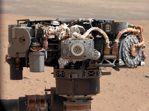 This image shows the Alpha Particle X-Ray Spectrometer (APXS) on NASA's Curiosity rover, with the Martian landscape in the background. Image credit: NASA/JPL-Caltech This image shows the Alpha Particle X-Ray Spectrometer (APXS) on NASA's Curiosity rover, with the Martian landscape in the background. Image credit: NASA/JPL-Caltech