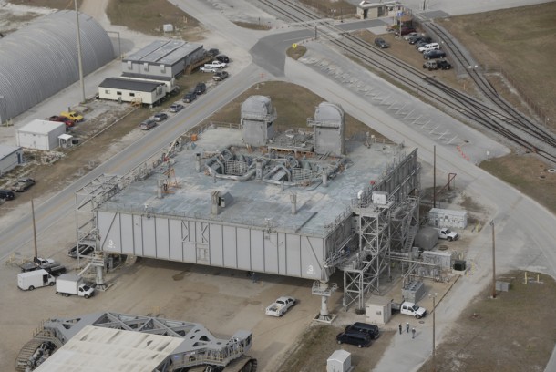 An aerial view of a mobile launcher platform parked in the Launch Complex 39 Area. Photo credit: NASA An aerial view of a mobile launcher platform parked in the Launch Complex 39 Area. Photo credit: NASA