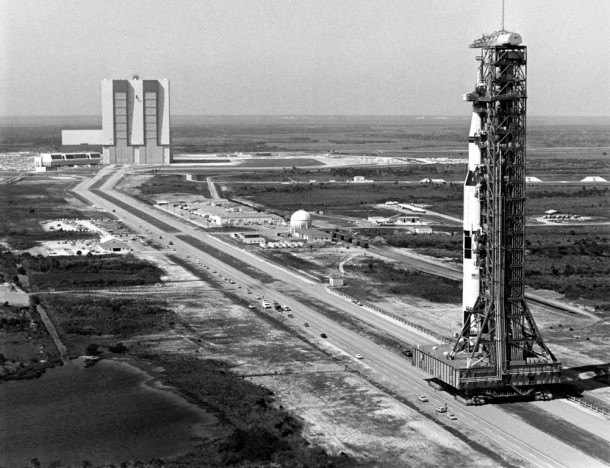 The mobile launcher platform and Saturn V rocket roll to Launch Pad 39B in March 1969 to prepare for the Apollo 10 mission. Photo credit: NASA The mobile launcher platform and Saturn V rocket roll to Launch Pad 39B in March 1969 to prepare for the Apollo 10 mission. Photo credit: NASA