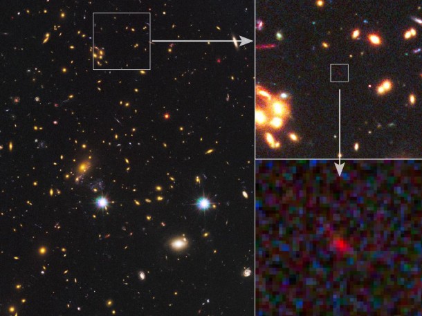 In the big image at left, the many galaxies of a massive cluster called MACS J1149+2223 dominate the scene. Gravitational lensing by the giant cluster brightened the light from the newfound galaxy, known as MACS 1149-JD, some 15 times. At upper right, a partial zoom-in shows MACS 1149-JD in more detail, and a deeper zoom appears to the lower right.. Image credit: NASA/ESA/STScI/JHU In the big image at left, the many galaxies of a massive cluster called MACS J1149+2223 dominate the scene. Gravitational lensing by the giant cluster brightened the light from the newfound galaxy, known as MACS 1149-JD, some 15 times. At upper right, a partial zoom-in shows MACS 1149-JD in more detail, and a deeper zoom appears to the lower right.. Image credit: NASA/ESA/STScI/JHU