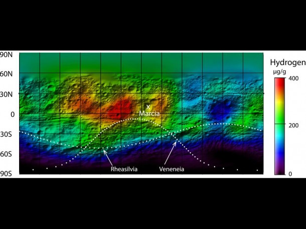 Hydrogen Map of Vesta This map from NASA's Dawn mission shows the global distribution of hydrogen on the surface of the giant asteroid Vesta. Credit: NASA/JPL-Caltech/UCLA/PSI/MPS/DLR/IDA Hydrogen Map of Vesta This map from NASA's Dawn mission shows the global distribution of hydrogen on the surface of the giant asteroid Vesta. Credit: NASA/JPL-Caltech/UCLA/PSI/MPS/DLR/IDA