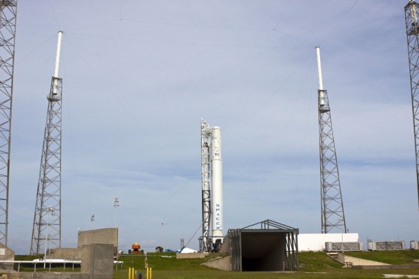 The Space Exploration Technologies, or SpaceX, Falcon 9 rocket is in position for a wet dress rehearsal (WDR) at Space Launch Complex 40 at Cape Canaveral Air Force Station in Florida. During the rehearsal, the rocket will be fully fueled and launch controllers will perform a countdown demonstration. Photo credit: NASA The Space Exploration Technologies, or SpaceX, Falcon 9 rocket is in position for a wet dress rehearsal (WDR) at Space Launch Complex 40 at Cape Canaveral Air Force Station in Florida. During the rehearsal, the rocket will be fully fueled and launch controllers will perform a countdown demonstration. Photo credit: NASA