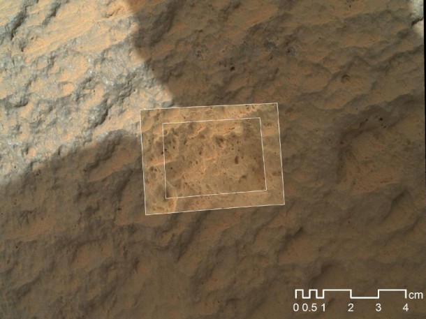 This image combines photographs taken by the Mars Hand Lens Imager (MAHLI) at three different distances from the first Martian rock that NASA's Curiosity rover touched with its arm. Image credit: NASA/JPL-Caltech/MSSS This image combines photographs taken by the Mars Hand Lens Imager (MAHLI) at three different distances from the first Martian rock that NASA's Curiosity rover touched with its arm. Image credit: NASA/JPL-Caltech/MSSS