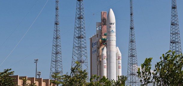 Ariane 5 is poised for liftoff from the Spaceport's ELA-3 launch zone with the SES ASTRA 2F and the Indian Space Research Organisation GSAT-10 satellites. Ariane 5 is poised for liftoff from the Spaceport's ELA-3 launch zone with the SES ASTRA 2F and the Indian Space Research Organisation GSAT-10 satellites.