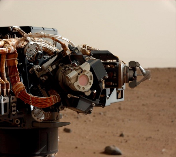 The left eye of the Mast Camera (Mastcam) on NASA's Mars rover Curiosity took this image of the camera on the rover's arm, the Mars Hand Lens Imager (MAHLI), during the 30th Martian day, or sol, of the rover's mission on Mars (Sept. 5, 2012). Image credit: NASA/JPL-Caltech/MSSS The left eye of the Mast Camera (Mastcam) on NASA's Mars rover Curiosity took this image of the camera on the rover's arm, the Mars Hand Lens Imager (MAHLI), during the 30th Martian day, or sol, of the rover's mission on Mars (Sept. 5, 2012). Image credit: NASA/JPL-Caltech/MSSS