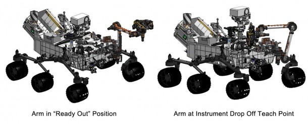 This engineering drawing shows the arm on NASA's Curiosity's rover in its "ready-for-action" position, or "ready out" as engineers say, in addition to the position it assumes to drop off samples. Image credit: NASA/JPL-Caltech This engineering drawing shows the arm on NASA's Curiosity's rover in its "ready-for-action" position, or "ready out" as engineers say, in addition to the position it assumes to drop off samples. Image credit: NASA/JPL-Caltech