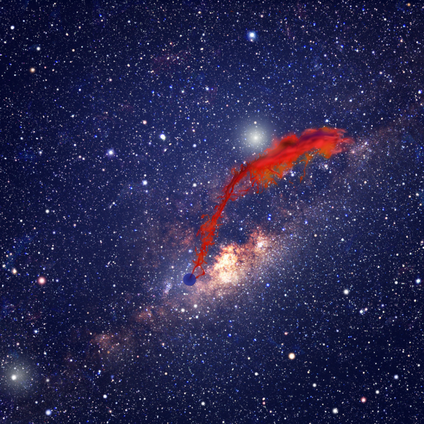 In this artist's conception, a protoplanetary disk of gas and dust (red) is being shredded by the powerful gravitational tides of our galaxy's central black hole. Credit: David A. Aguilar (CfA) In this artist's conception, a protoplanetary disk of gas and dust (red) is being shredded by the powerful gravitational tides of our galaxy's central black hole. Credit: David A. Aguilar (CfA)