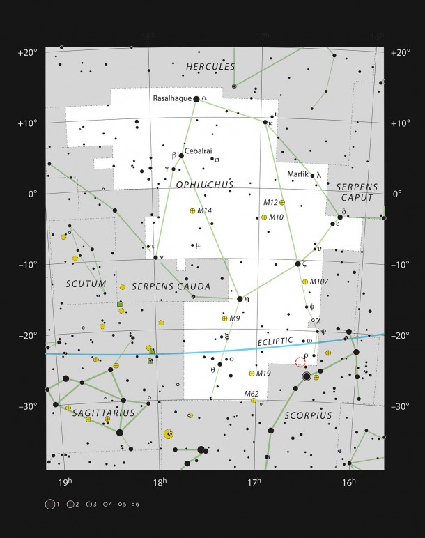 IRAS 16293-2422 in the constellation of Ophiuchus   Credit:  ESO, IAU and Sky & Telescope 