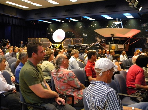 As part of a celebration of 35 years of flight for NASA's Voyager spacecraft, a crowd of engineers and scientists at NASA's Jet Propulsion Laboratory in Pasadena, Calif., gather at von Karman auditorium to listen to insider stories about Voyager. At the top right of the picture is a full-size model of Voyager. Image credit: NASA/JPL-Caltech As part of a celebration of 35 years of flight for NASA's Voyager spacecraft, a crowd of engineers and scientists at NASA's Jet Propulsion Laboratory in Pasadena, Calif., gather at von Karman auditorium to listen to insider stories about Voyager. At the top right of the picture is a full-size model of Voyager. Image credit: NASA/JPL-Caltech
