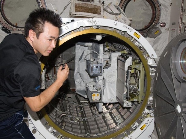 Japan Aerospace Exploration Agency astronaut Aki Hoshide, Expedition 33 flight engineer, works near the airlock in the Kibo laboratory of the International Space Station. The Small Satellite Orbital Deployer (SSOD) previously installed on the Multi-Purpose Experiment Platform (MPEP) is visible in the airlock. Japan Aerospace Exploration Agency astronaut Aki Hoshide, Expedition 33 flight engineer, works near the airlock in the Kibo laboratory of the International Space Station. The Small Satellite Orbital Deployer (SSOD) previously installed on the Multi-Purpose Experiment Platform (MPEP) is visible in the airlock.