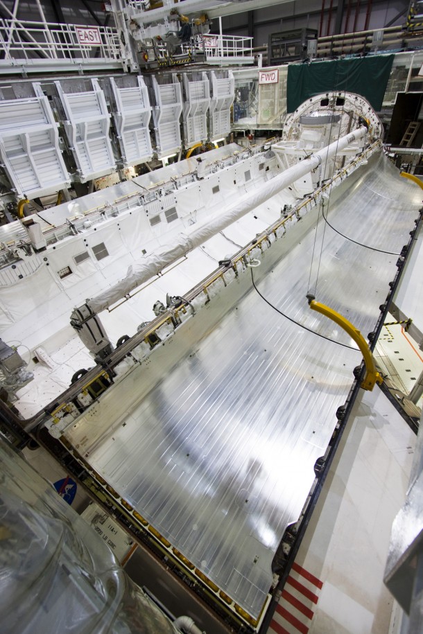Space shuttle Atlantis' payload bay doors are shown before being closed for the final time on Sept 20. Photo credit: NASA/Jim Grossmann Space shuttle Atlantis' payload bay doors are shown before being closed for the final time on Sept 20. Photo credit: NASA/Jim Grossmann