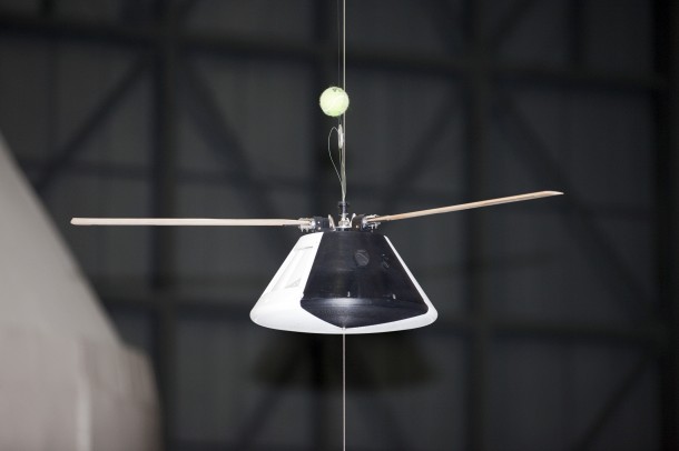 A model capsule seen ahead of drop tests inside the Vehicle Assembly Building at NASA's Kennedy Space Center in Florida to test a rotor system landing design. Photo credit: NASA/Kim Shiflett A model capsule seen ahead of drop tests inside the Vehicle Assembly Building at NASA's Kennedy Space Center in Florida to test a rotor system landing design. Photo credit: NASA/Kim Shiflett