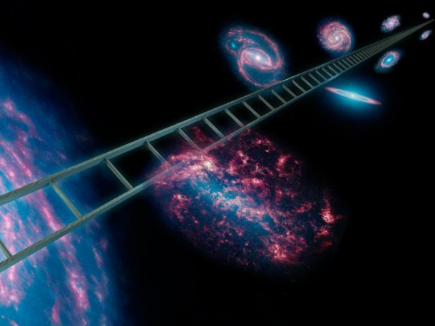 Astronomers using NASA's Spitzer Space Telescope have greatly improved the cosmic distance ladder used to measure the expansion rate of the universe, as well as its size and age. The cosmic distance ladder, symbolically shown here in this artist's concept, is a series of stars and other objects within galaxies that have known distances. Image credit: NASA/JPL-Caltech Astronomers using NASA's Spitzer Space Telescope have greatly improved the cosmic distance ladder used to measure the expansion rate of the universe, as well as its size and age. The cosmic distance ladder, symbolically shown here in this artist's concept, is a series of stars and other objects within galaxies that have known distances. Image credit: NASA/JPL-Caltech