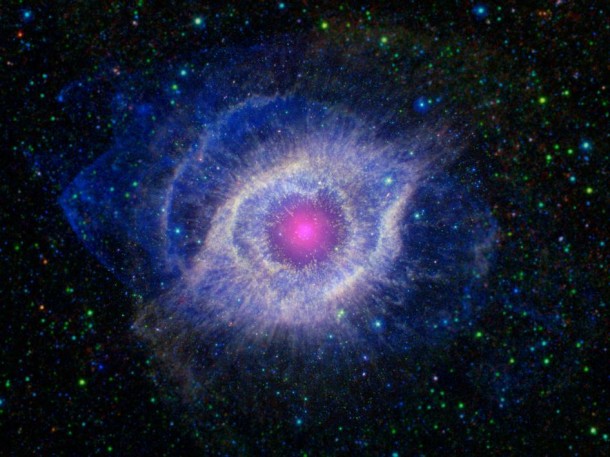 A dying star is throwing a cosmic tantrum in this combined image from NASA's Spitzer Space Telescope and the Galaxy Evolution Explorer (GALEX), which NASA has lent to the California Institute of Technology in Pasadena. In death, the star's dusty outer layers are unraveling into space, glowing from the intense ultraviolet radiation being pumped out by the hot stellar core. Image credit: NASA/JPL-Caltech A dying star is throwing a cosmic tantrum in this combined image from NASA's Spitzer Space Telescope and the Galaxy Evolution Explorer (GALEX), which NASA has lent to the California Institute of Technology in Pasadena. In death, the star's dusty outer layers are unraveling into space, glowing from the intense ultraviolet radiation being pumped out by the hot stellar core. Image credit: NASA/JPL-Caltech