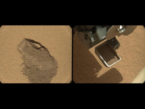 This pairing illustrates the first time that NASA's Mars rover Curiosity collected a scoop of soil on Mars. It combines two raw images taken on the mission's 61st Martian day, or sol (Oct. 7, 2012) by the right camera of the rover's two-camera Mast Camera (Mastcam) instrument. The right Mastcam, or Mastcam-100, has a telephoto, 100-millimeter-focal-length lens. Image Credit: NASA/JPL-Caltech/MSSS This pairing illustrates the first time that NASA's Mars rover Curiosity collected a scoop of soil on Mars. It combines two raw images taken on the mission's 61st Martian day, or sol (Oct. 7, 2012) by the right camera of the rover's two-camera Mast Camera (Mastcam) instrument. The right Mastcam, or Mastcam-100, has a telephoto, 100-millimeter-focal-length lens. Image Credit: NASA/JPL-Caltech/MSSS