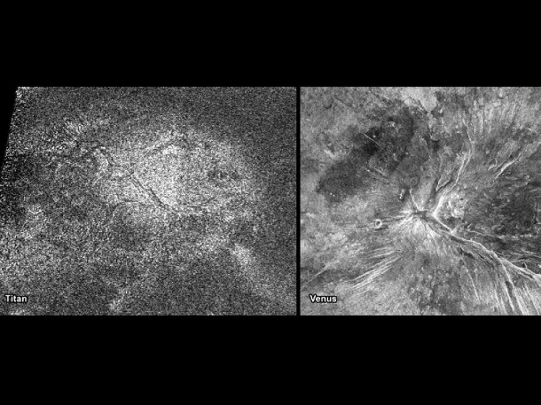 NASA's Cassini spacecraft obtained this image of a feature shaped like a hot cross bun in the northern region of Titan (left) that bears a striking resemblance to a similar feature on Venus (right). Image Credit: NASA/JPL-Caltech/ASI NASA's Cassini spacecraft obtained this image of a feature shaped like a hot cross bun in the northern region of Titan (left) that bears a striking resemblance to a similar feature on Venus (right). Image Credit: NASA/JPL-Caltech/ASI